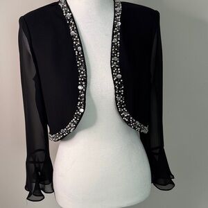 S.L. Fashions Black Cropped Beaded Blazer with Sheer Sleeves